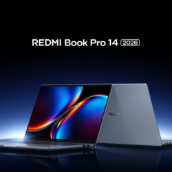 Photo principale du Xiaomi Redmibook 14 Pro 2026, vue inclinée avec halo bleu et marquage REDMI